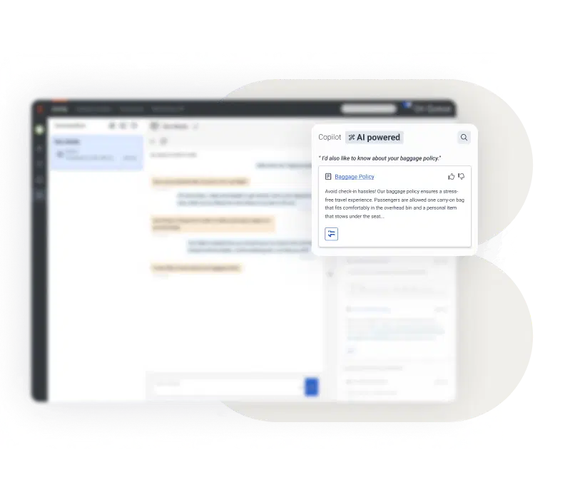AI-powered agent copilot panel supporting a live customer conversation.