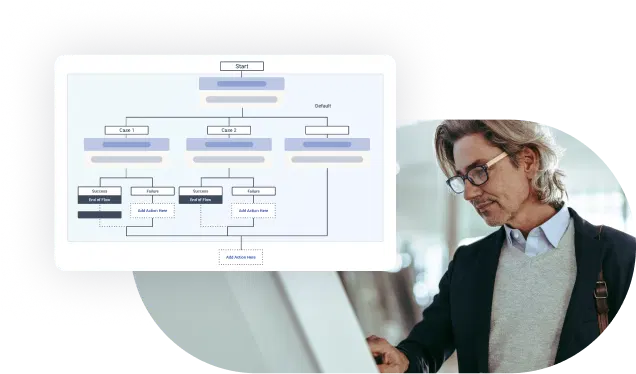 IVR routing flow and service specialist reviewing a customer journey.